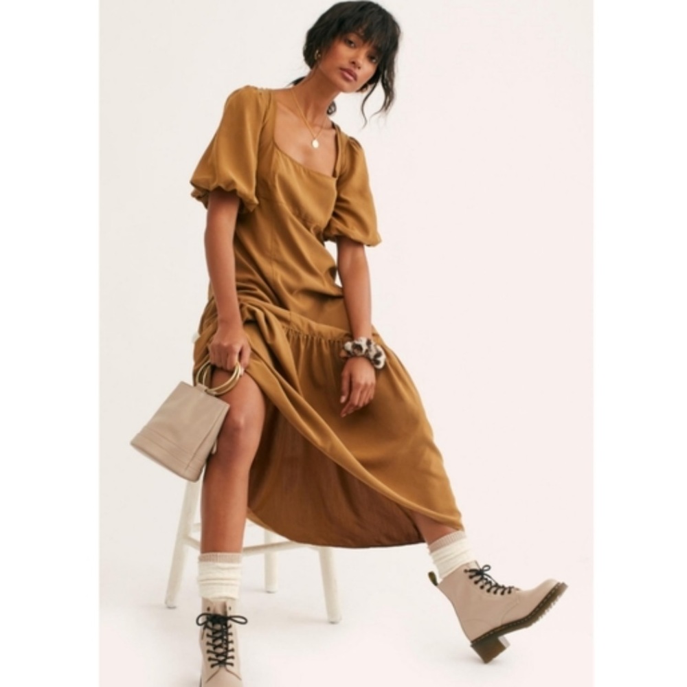 NWT Free People Jordan Puff Sleeve Slouchy Relaxed Fit Midi Dress in Dark Khaki